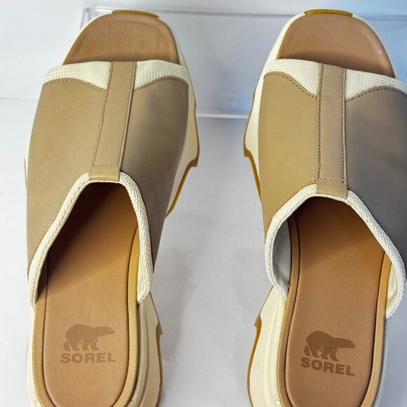 Sorel Kinetic Impact Sandals Women Sz 7.5 Tan Leather Slip on Slide - Picture 3 of 8